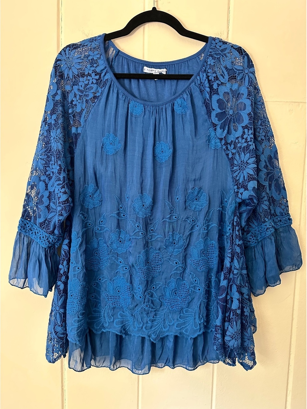 Tempo Paris Boho Blue Embroidered Lace Blouse Top Ruffle Hem Viscose Size Large